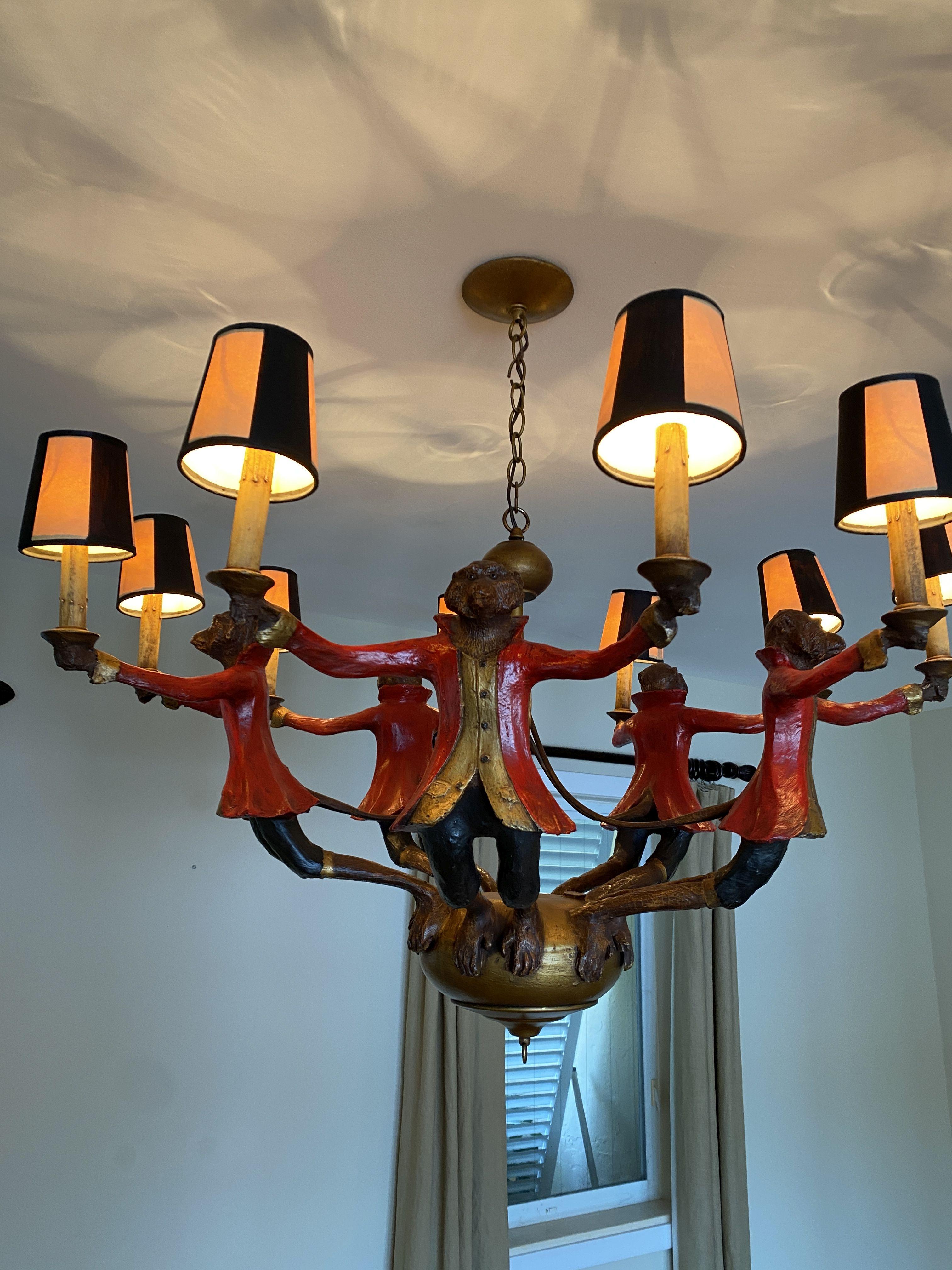 Ornate Wood Style Monkey Lamp with (10) Candles and Shades