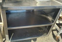 36" Stainless Steel Table With Double Under Shelf On Casters And 2" Side and Backsplash