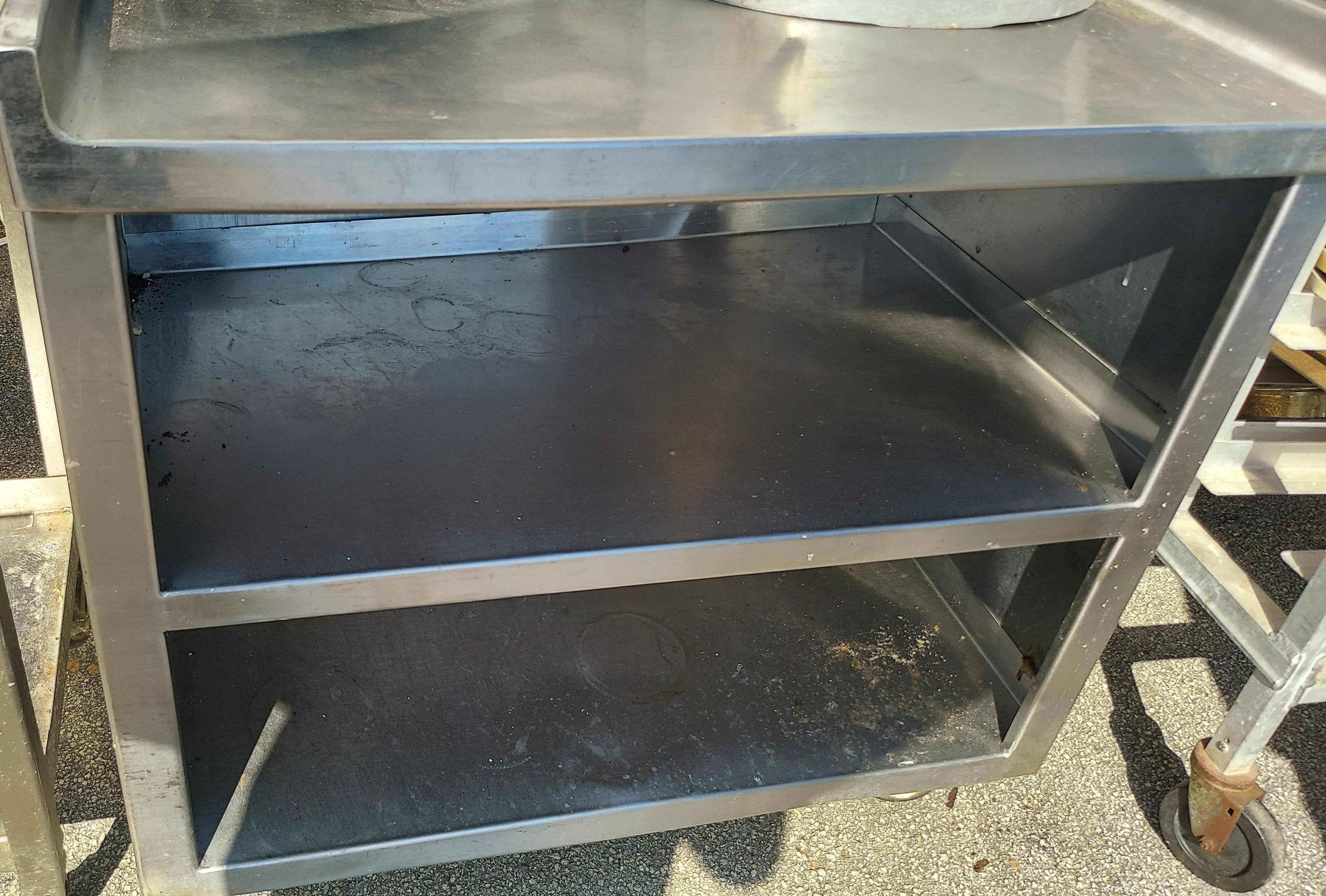 36" Stainless Steel Table With Double Under Shelf On Casters And 2" Side and Backsplash