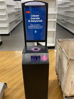 complementary hand, sanitizing station, utilizes roles of wipes and has a built-in trash Pail