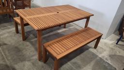 OPEN BOX - BRAND NEW OUTDOOR 100% FSC Solid Wood Table 59" x 35.5" x With Two 2-Seater Benches