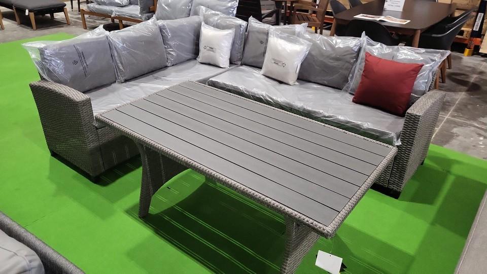 BRAND NEW OUTDOOR 5-PERSON GREY SYNTHETIC WICKER SOFA LOUNGE SET WITH DINING TABLE - ORIGINAL PACKAG