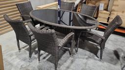 OPEN BOX - BRAND NEW OUTDOOR Oval Synthetic Wicker 74" x 43" Table With Glasstop and 6 Stacking Armc