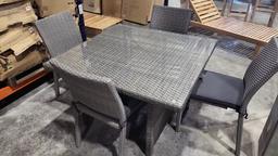 OPEN BOX - BRAND NEW OUTDOOR SYNTHETIC WICKER SQUARE TABLE WITH 4 STACKING GREY CHAIRS AND CUSHIONS