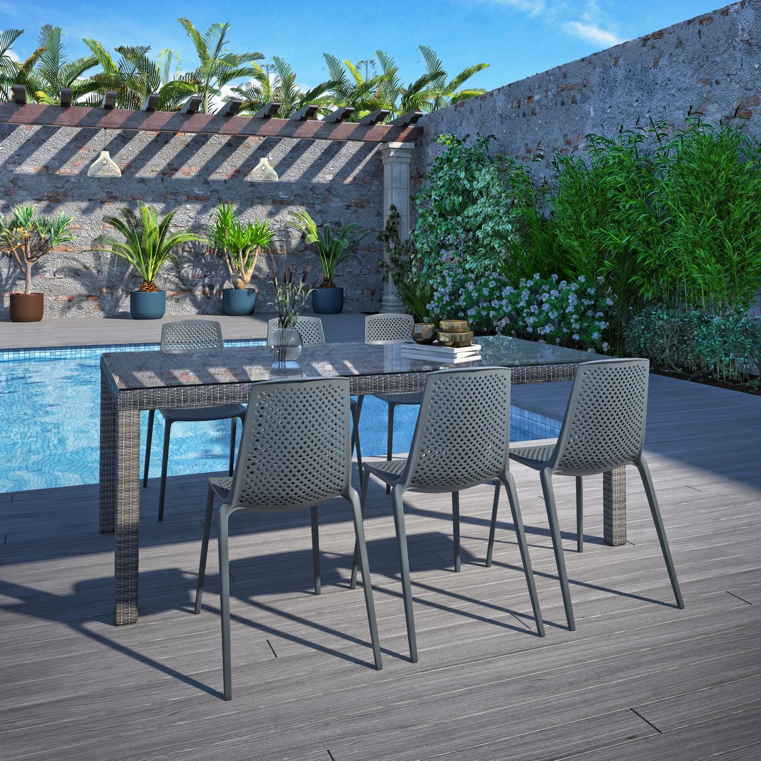 BRAND NEW OUTDOOR SYNTHETIC WICKER TABLE 83" x 43" WITH GLASS TOP + 6 RESIN STACKING CHAIRS GREY - O