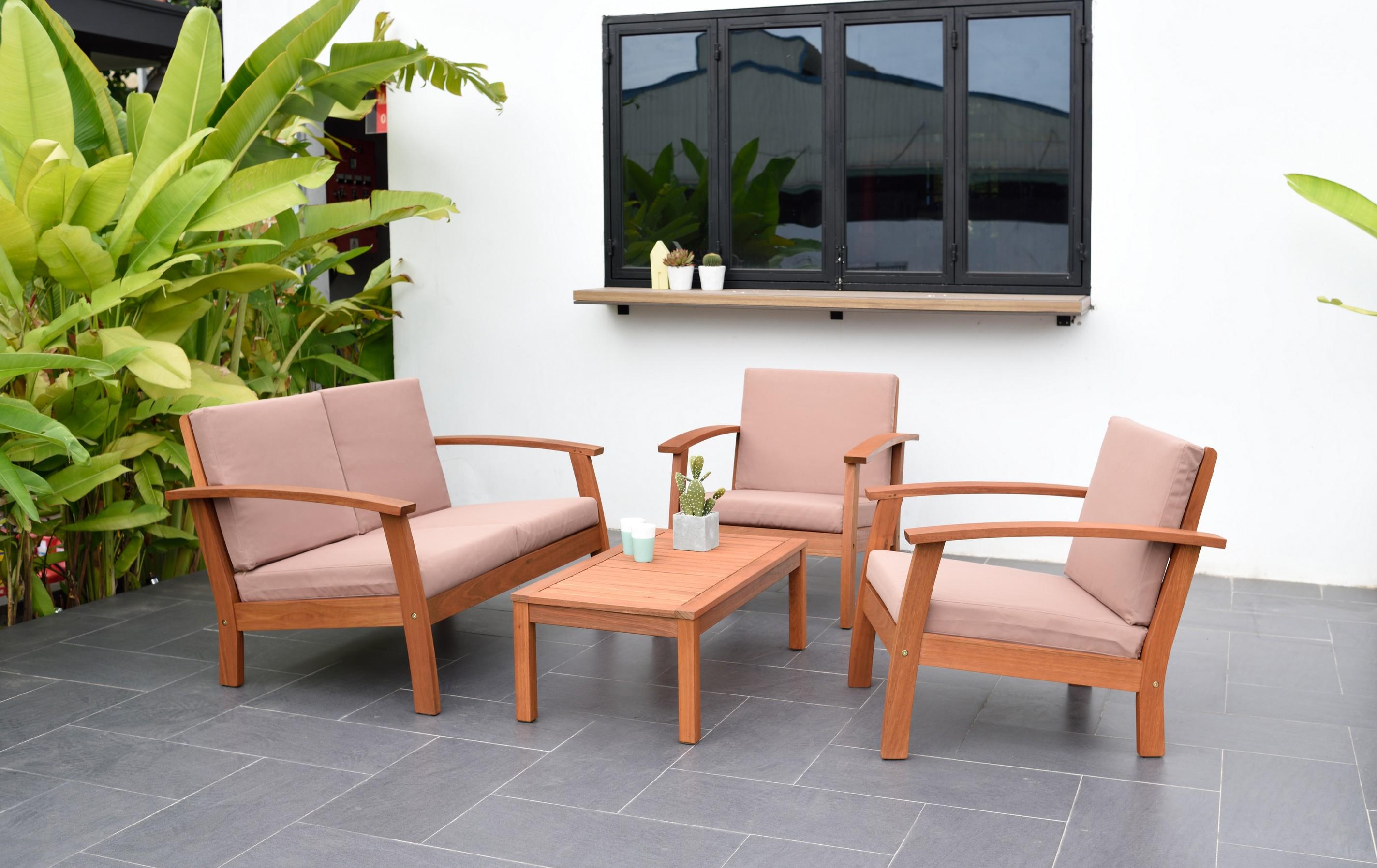 BRAND NEW OUTDOOR 100% FSC SOLID WOOD 4 PIECE CONVERSATION SET WITH KHAKI REMOVABLE CUSHIONS - ORIGI