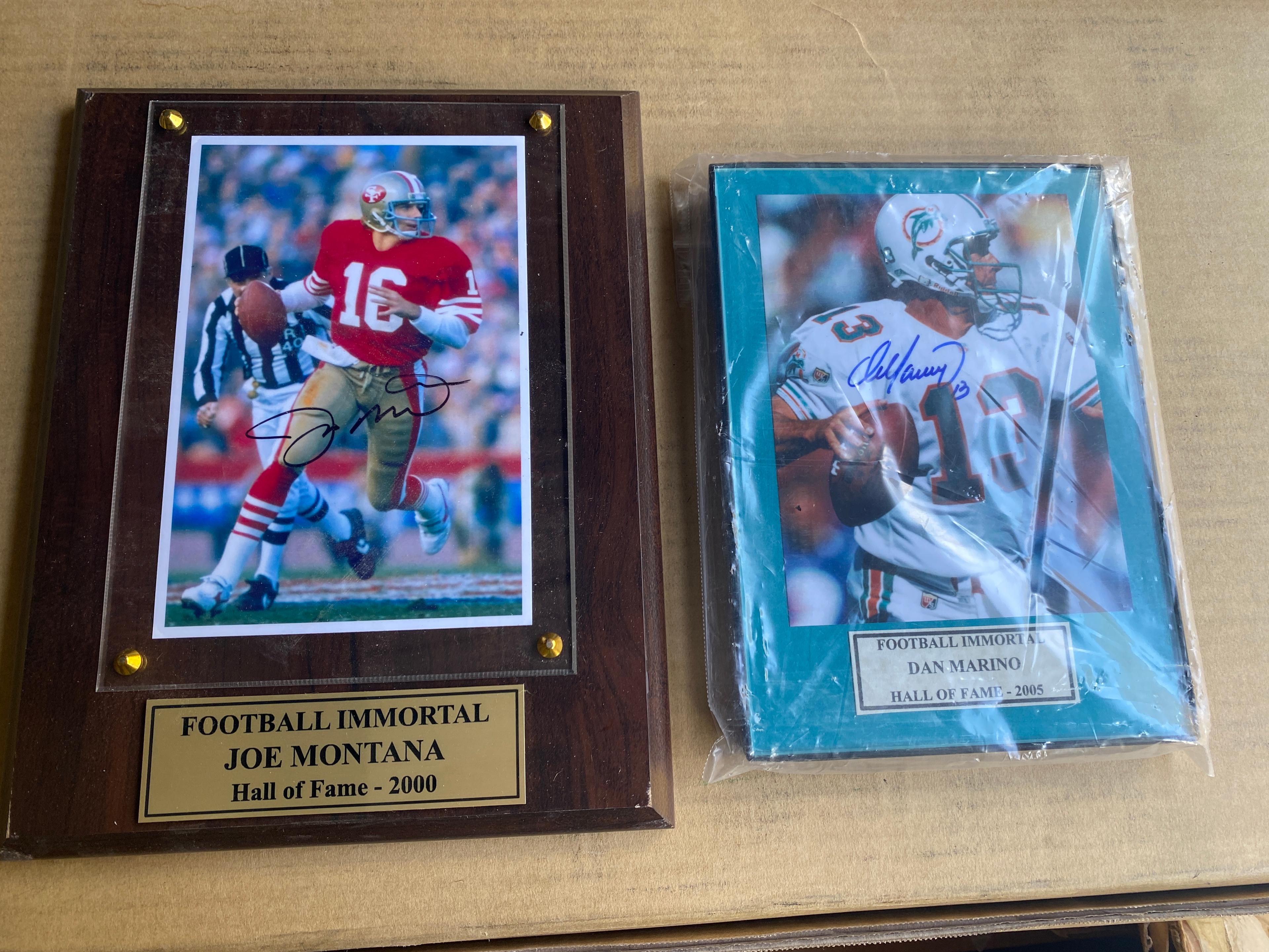 Two of the Greatest Quarterbacks ever to play Football. 9” x 8” wall plaque signed Joe Montana and 5