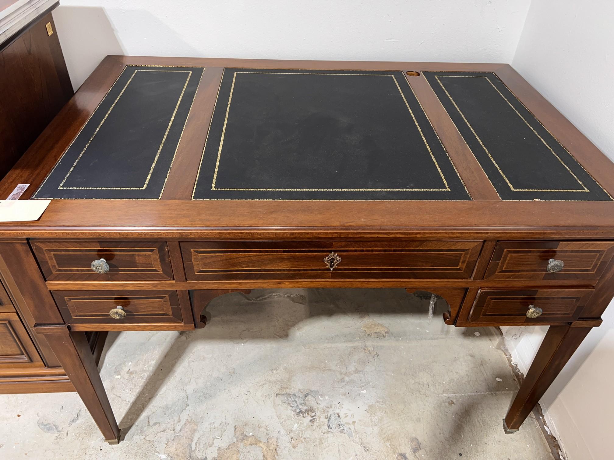 Cherry Wood Black leather Top Desk with Gold Trimmed and 2 Extentions - Made in Italy