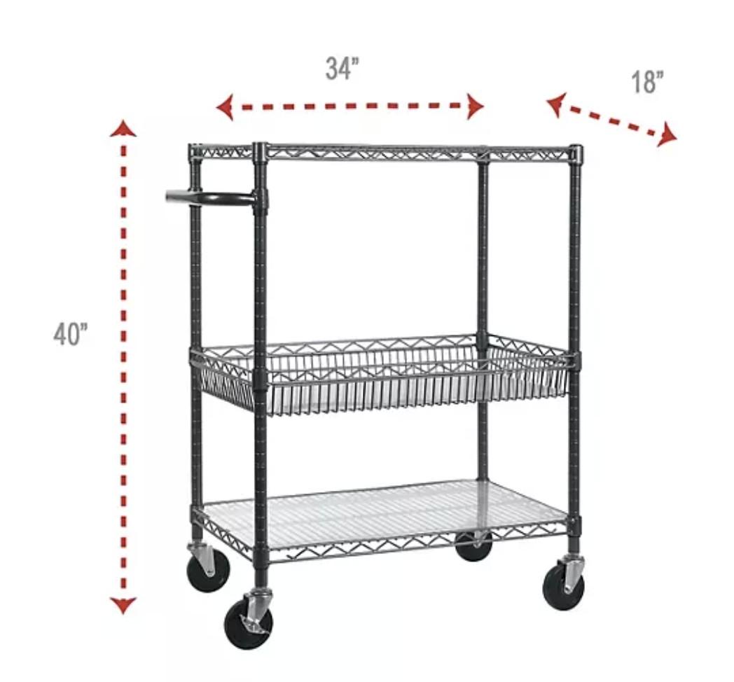 Alera 40" 3-Tier Wire Rolling Cart, Black