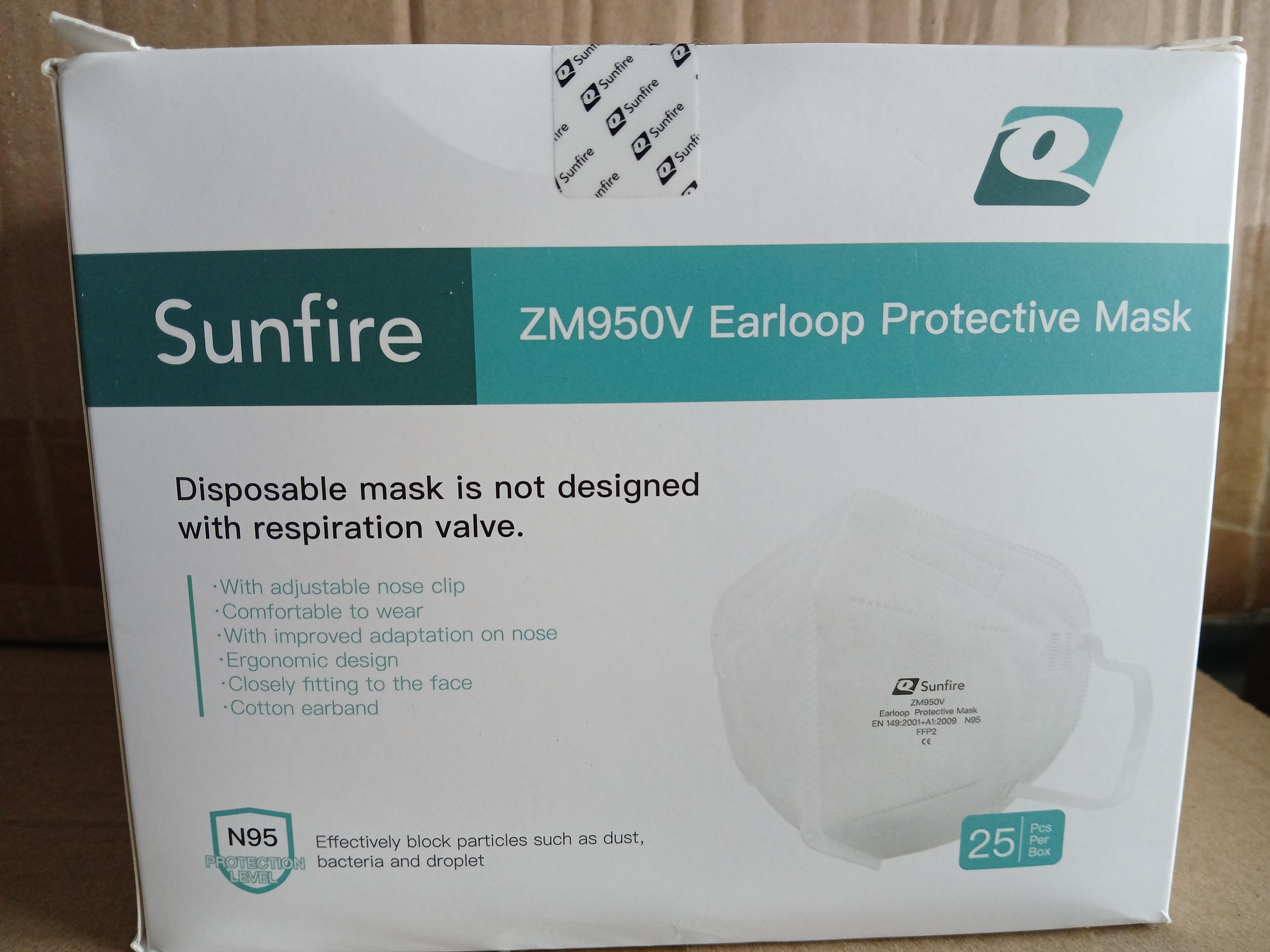 SUNFIRE Model ZM-950V Earloop Protective Mask / Face Mask W/ Adjustable Nose Clip - N95 Protection L