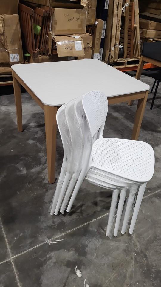 BRAND NEW Hard Wood Dining Table with Polypropylene All weather Top and (4) White Stacking Recycled