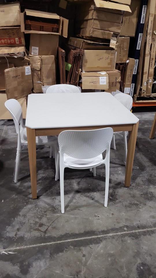 BRAND NEW Hard Wood Dining Table with Polypropylene All weather Top and (4) White Stacking Recycled