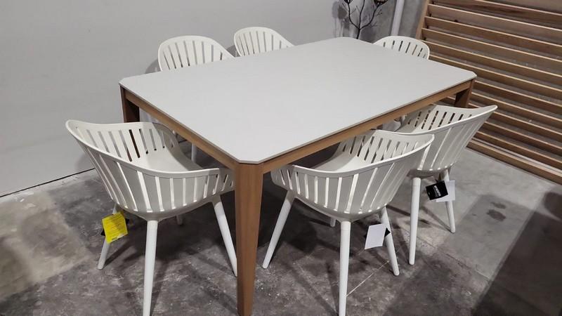 BRAND NEW 67â€� x 40â€� Hard Wood Dining Table with Polypropylene All weather Top and (6) Recycled R