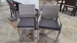 BRAND NEW OUTDOOR Grey Synthetic Wicker 78" x 35" Table With Glass Top and 6 Stacking  Chairs