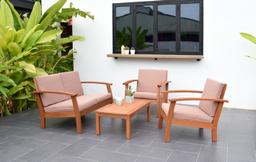 BRAND NEW OUTDOOR 100% FSC SOLID WOOD 4 PIECE CONVERSATION SET WITH KHAKI REMOVABLE CUSHIONS