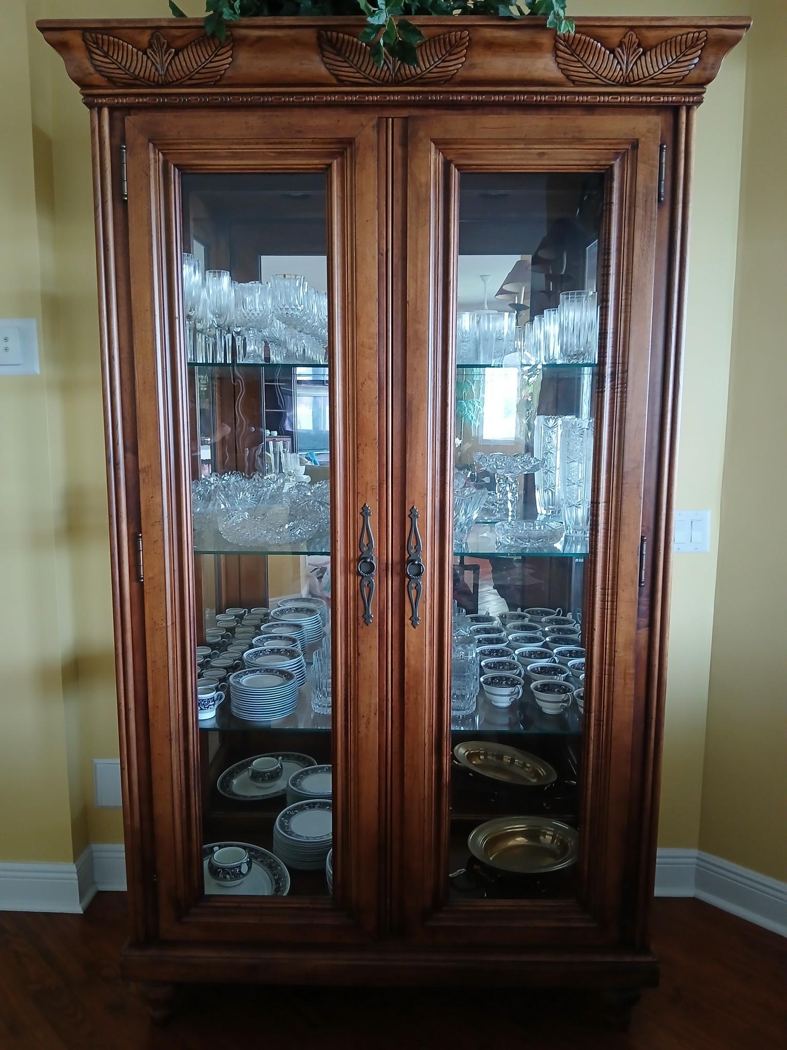 Full Size Wood China Cabinet with Glass Door and mirror backing, 3 shelves