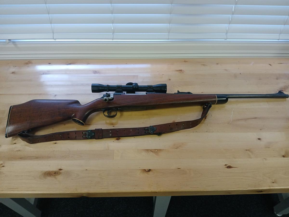 30-6 Rifle W/ Scope / Wood Base W/ Leather Shoulder Strap