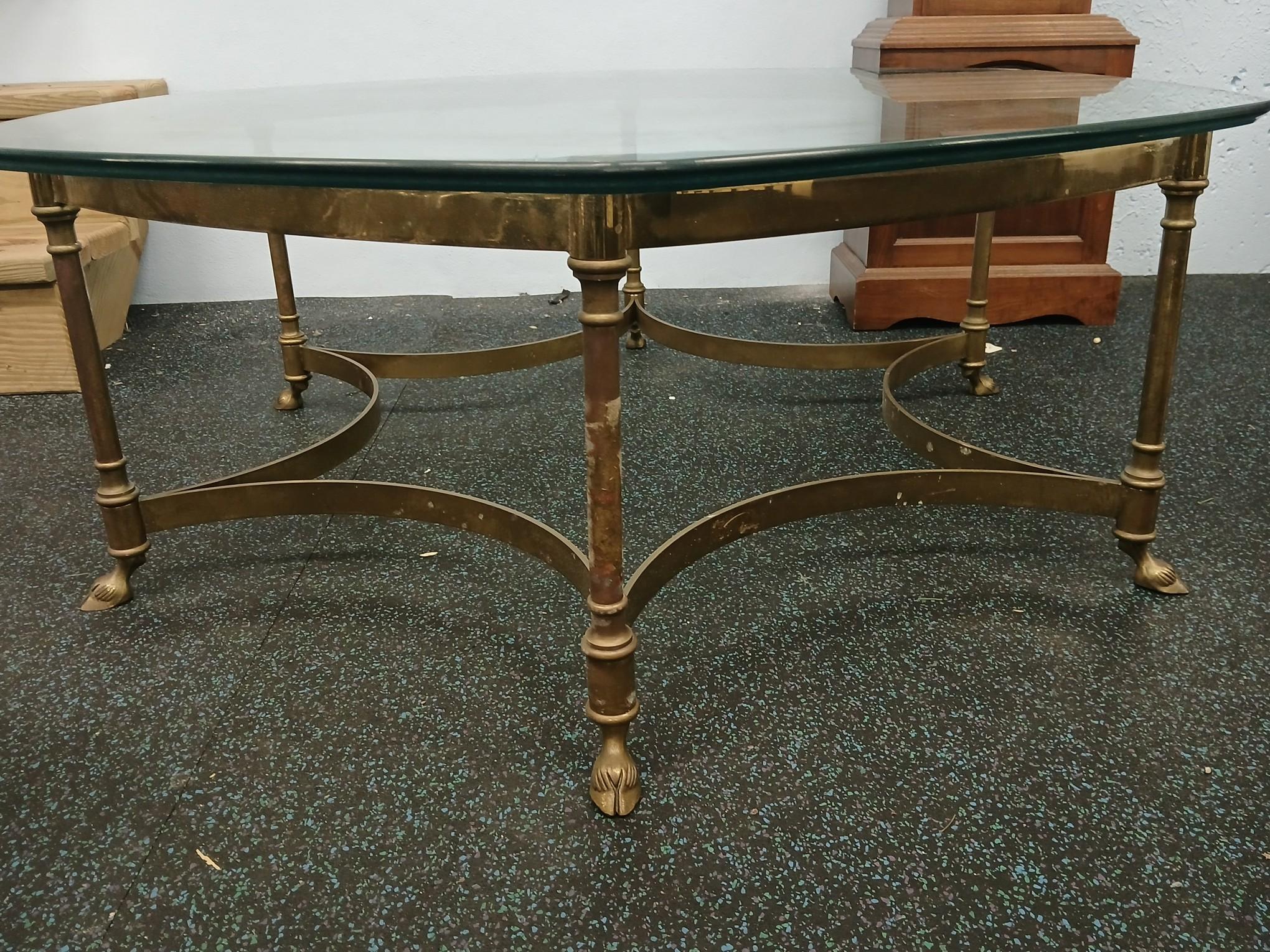 40" Brass Base Glass Top Coffee Table / Vintage Heavy 1" thick glass.