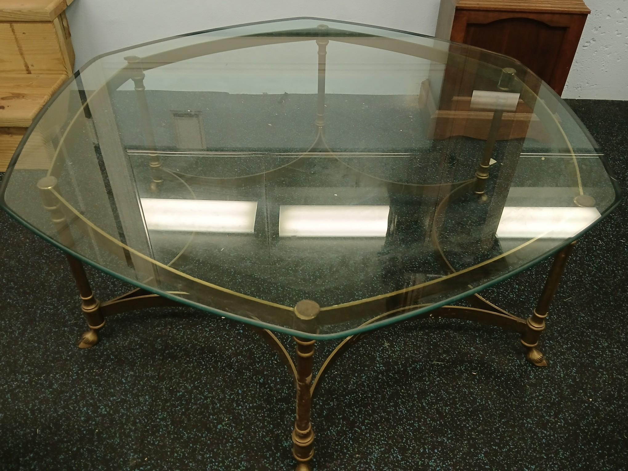 40" Brass Base Glass Top Coffee Table / Vintage Heavy 1" thick glass.