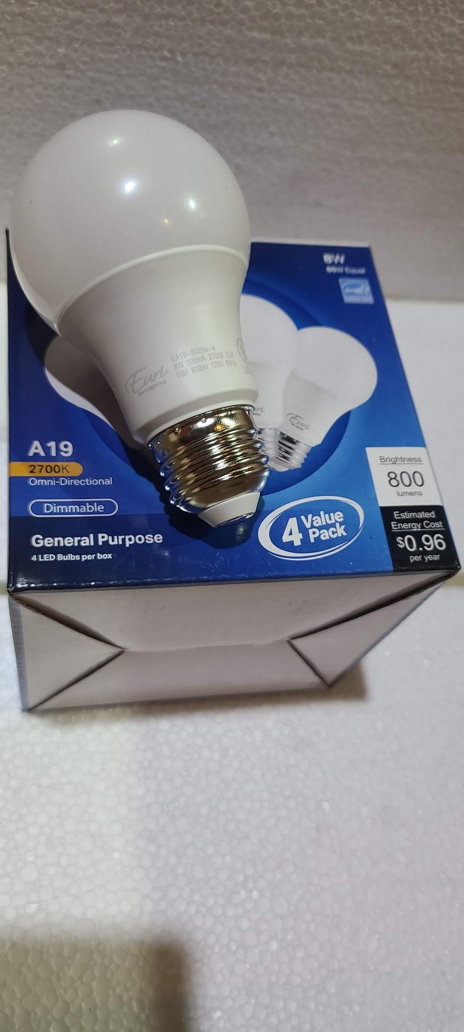 EURI Lighting 8W LED Light Bulbs Part # A19 / 4 Pack Of Light Bulbs LED Style BRAND NEW