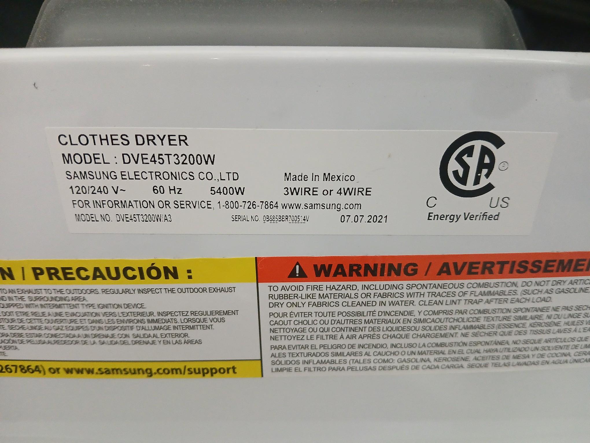 SAMSUNG Model #DVE45T3200W Residential Dryer / Samsung Cloths Dryer - The specs to this item are in