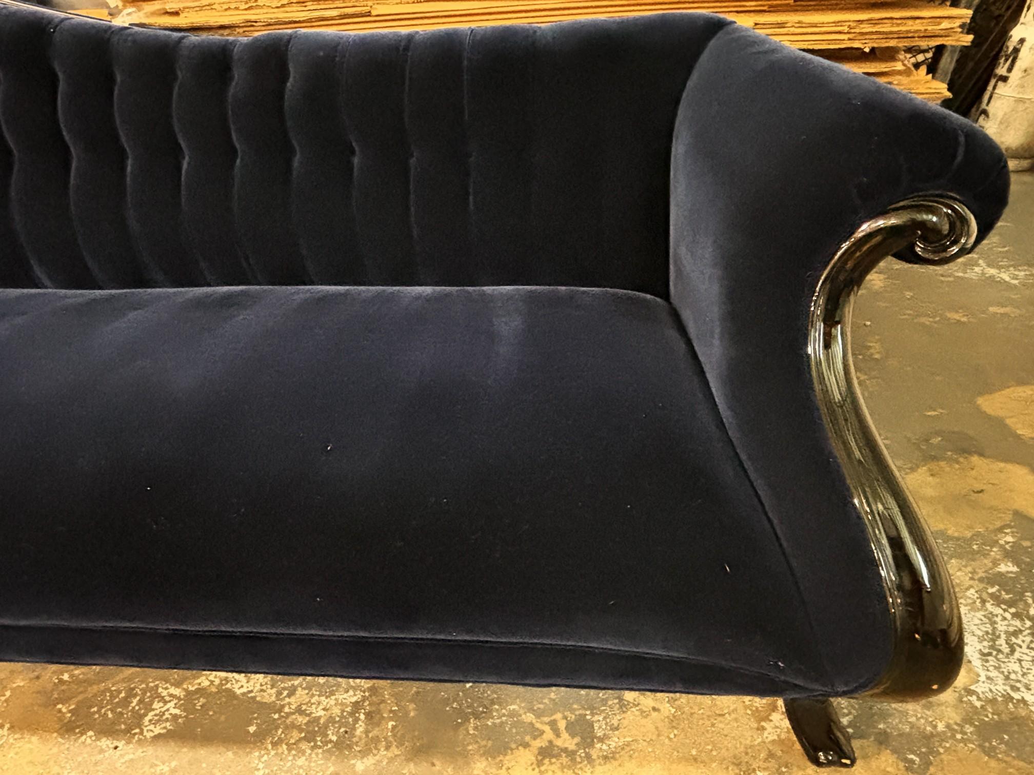 15' Long Dark Blue Velvet Satee / Entrance Way Couch / SOLID WOOD & SUADE Long Couch