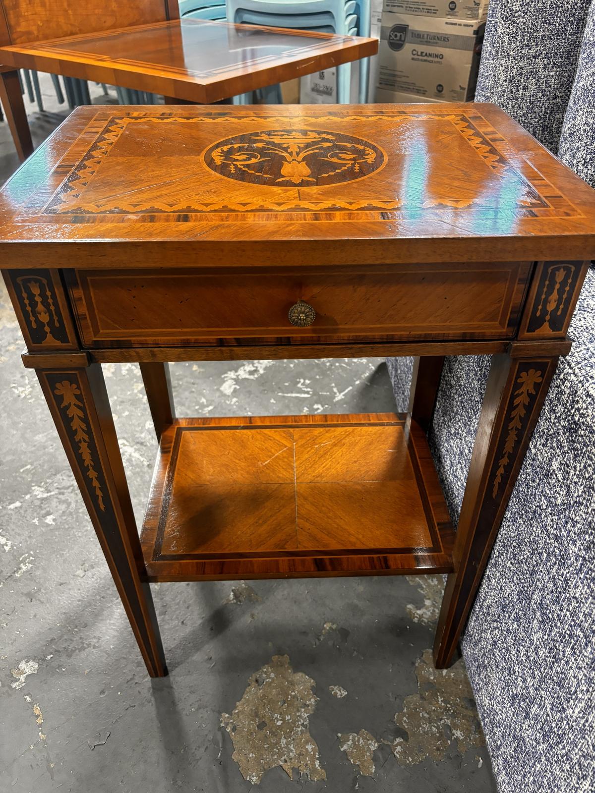 Antique Inlaid Wood Table W/ Brass Accents