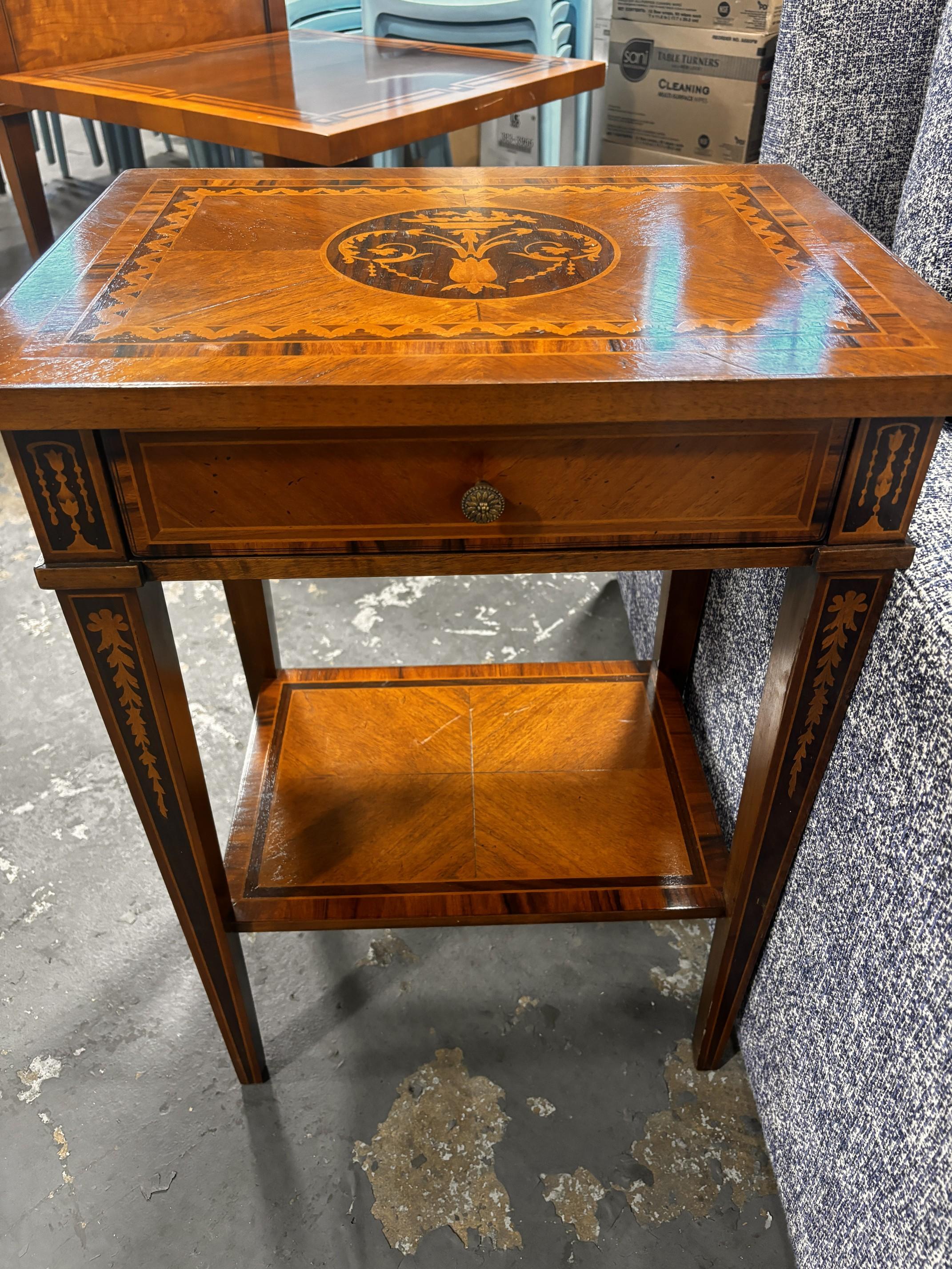 Antique Inlaid Wood Table W/ Brass Accents