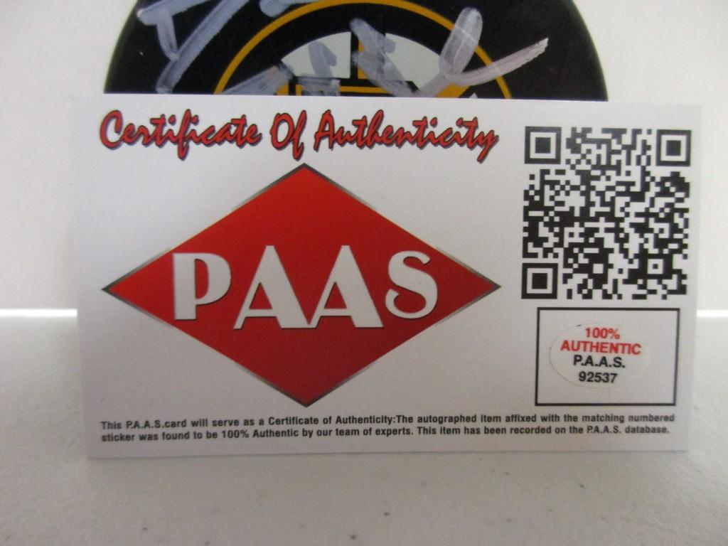 David Pastrnak of the Boston Bruins signed autographed logo hockey puck PAAS COA 537