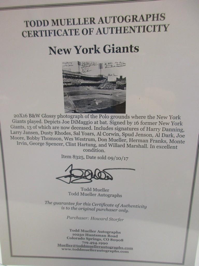 Al Dark Monte Irvin Dusty Rhodes +13 of the NY Giants signed autographed 16x20 Todd Mueller LOA