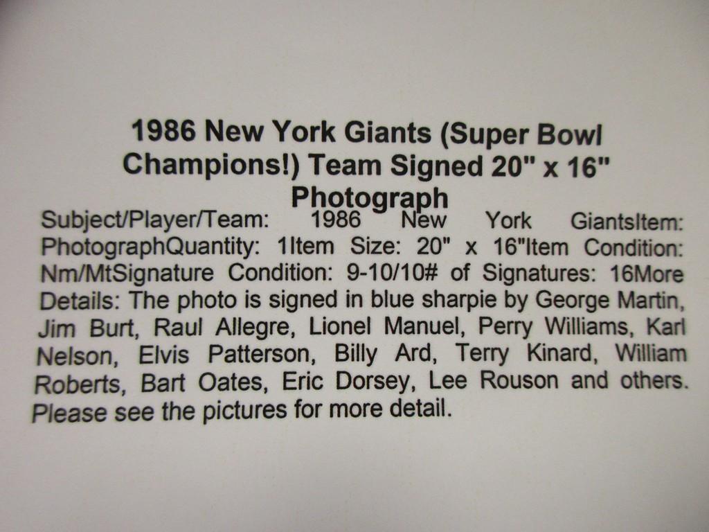 George Martin Jim Burt Billy Ard +13 of the 1986 NY Giants signed autographed 16x20 SIG LOA