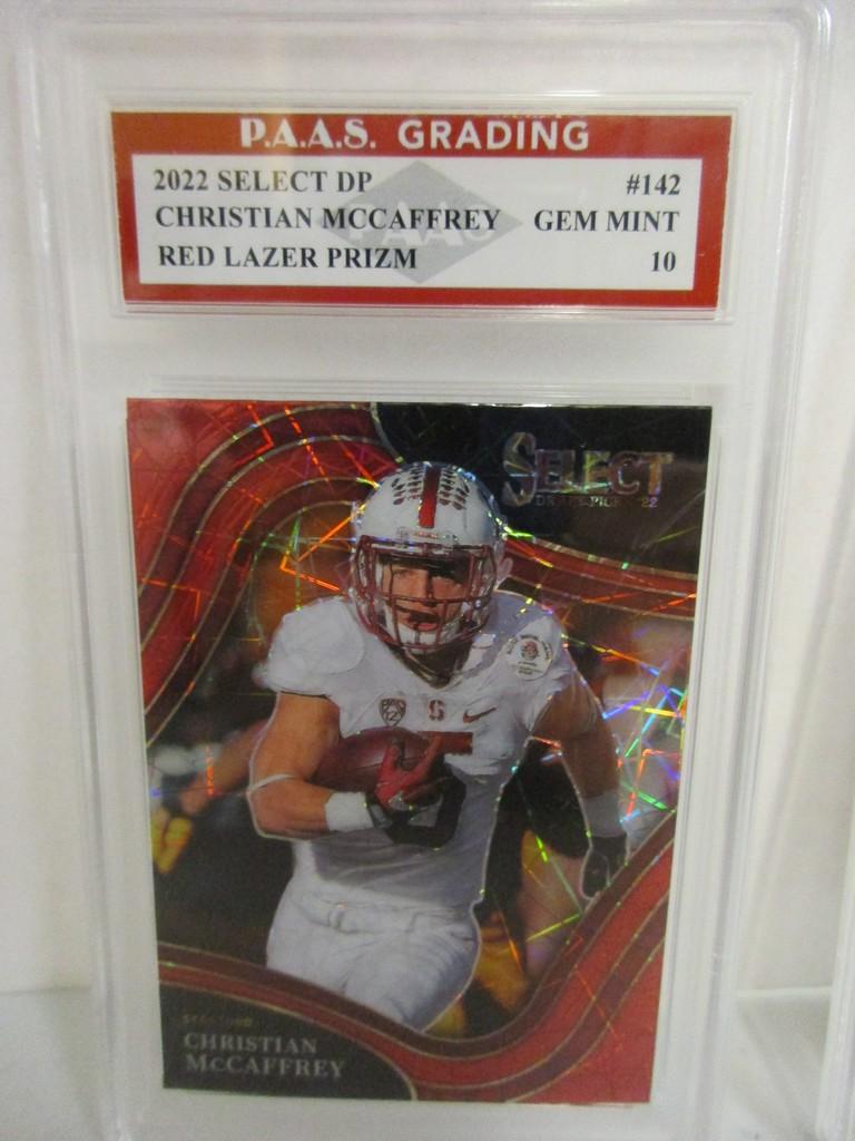 Christian McCaffrey 2022 Select Draft Picks Red Lazer Prizm #142 graded PAAS Gem Mint 10