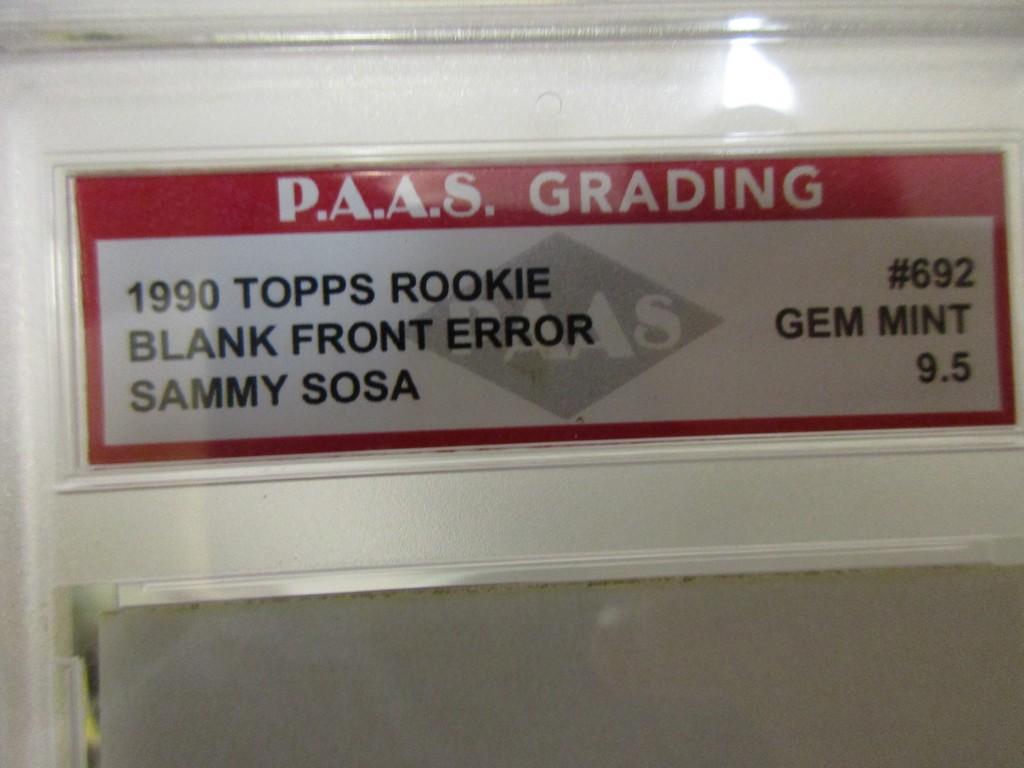 Sammy Sosa Cubs 1990 Topps ROOKIE BLANK FRONT ERROR #692 graded PAAS Gem Mint 9.5