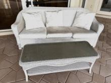 Rattan Sofa and Mtching Coffee Table, (note: small issue with corner of sofa