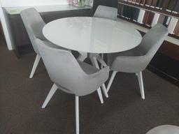48 in. White Glasstop Solid Birch Table and 4 Swivel Grey Velvet chairs -Canadel