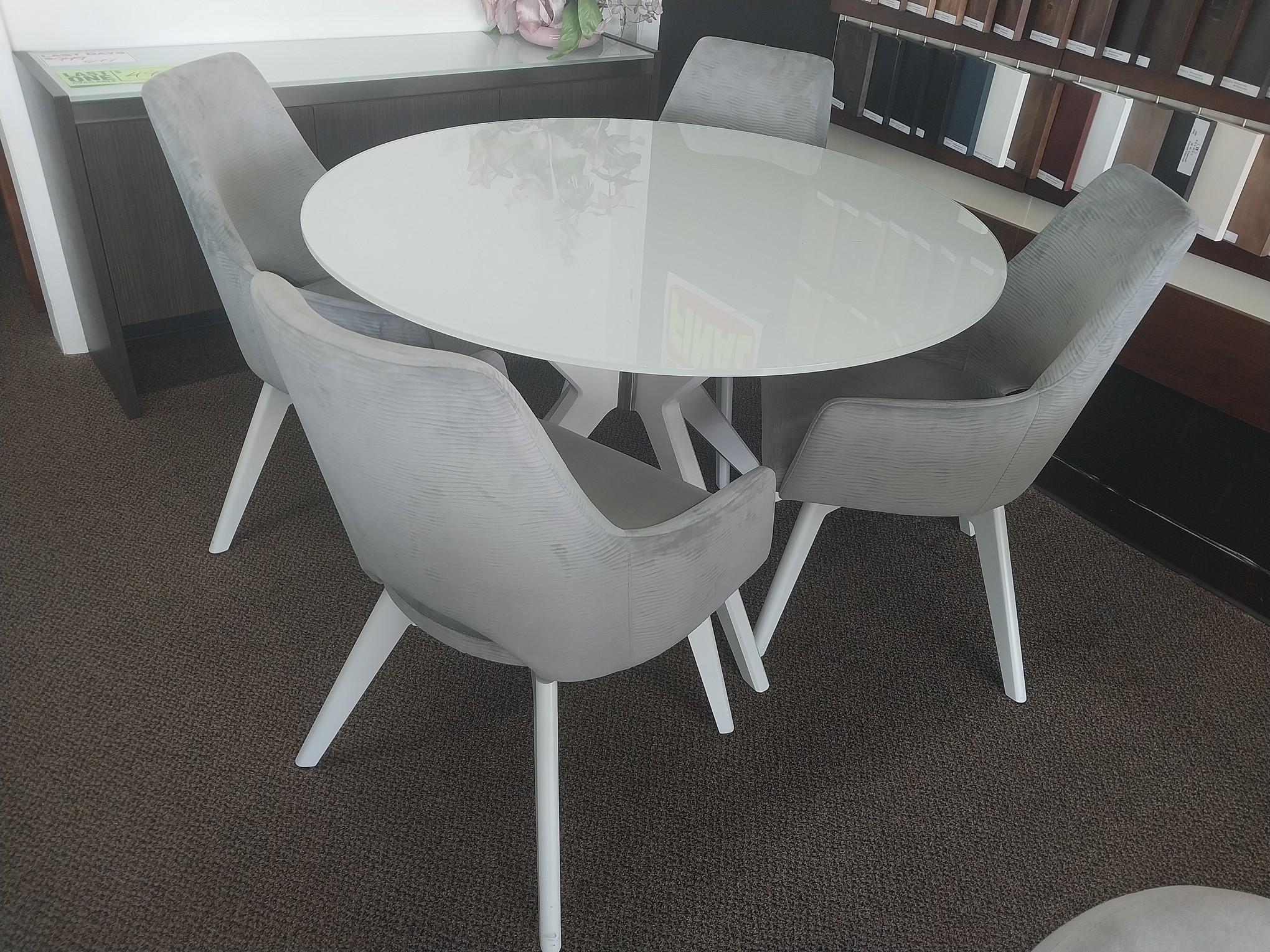 48 in. White Glasstop Solid Birch Table and 4 Swivel Grey Velvet chairs -Canadel