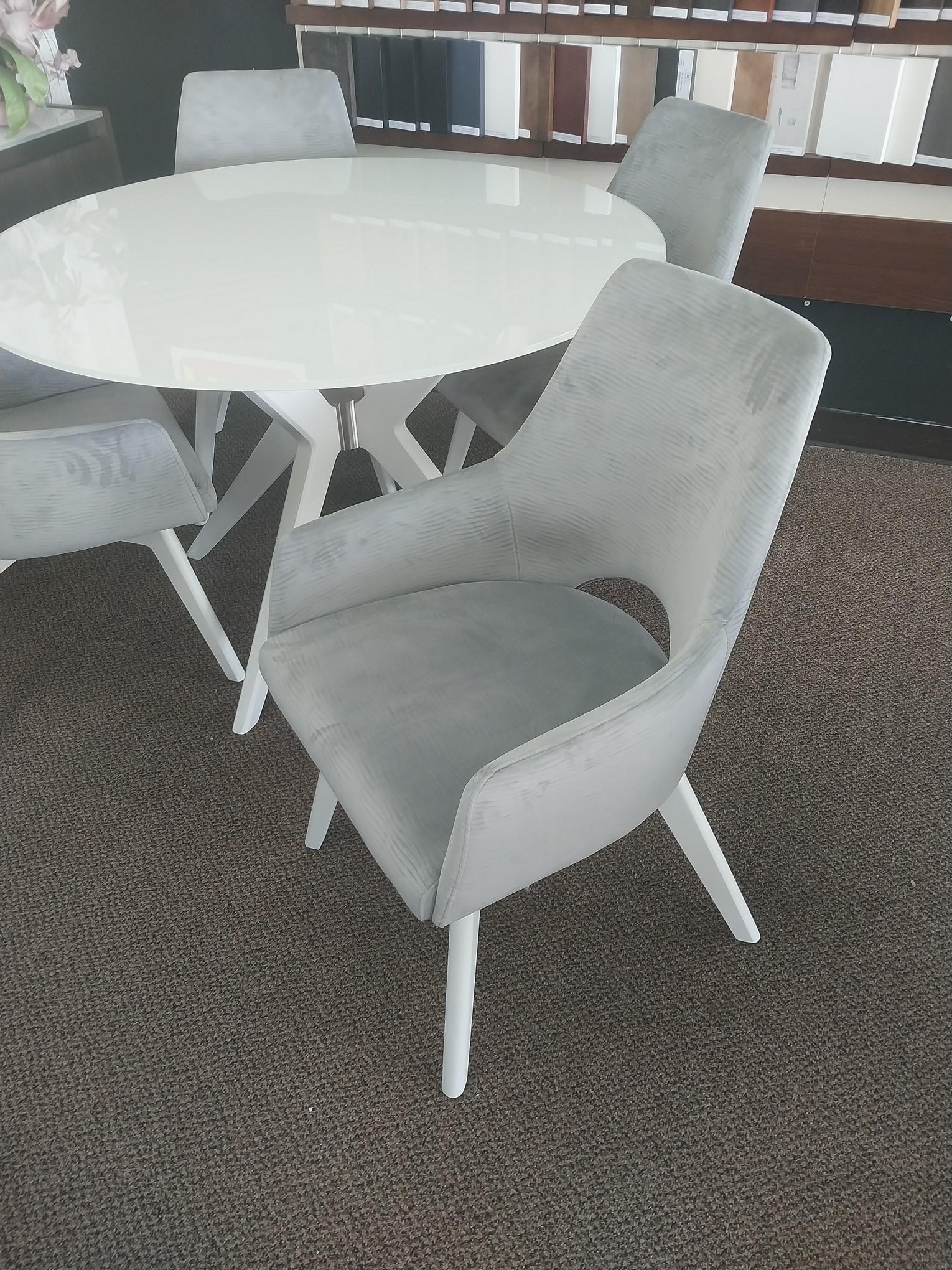 48 in. White Glasstop Solid Birch Table and 4 Swivel Grey Velvet chairs -Canadel