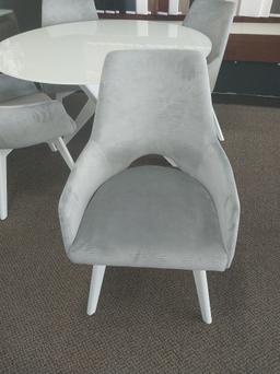 48 in. White Glasstop Solid Birch Table and 4 Swivel Grey Velvet chairs -Canadel