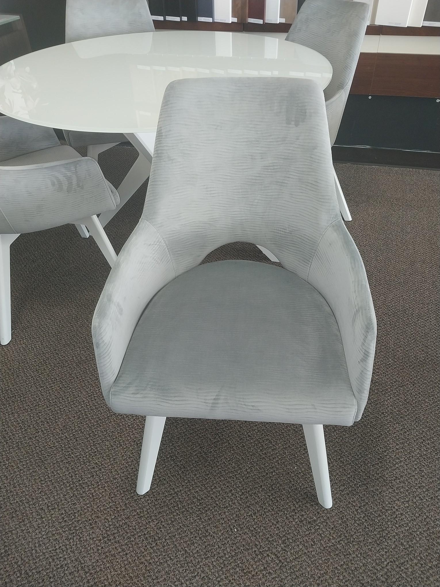 48 in. White Glasstop Solid Birch Table and 4 Swivel Grey Velvet chairs -Canadel