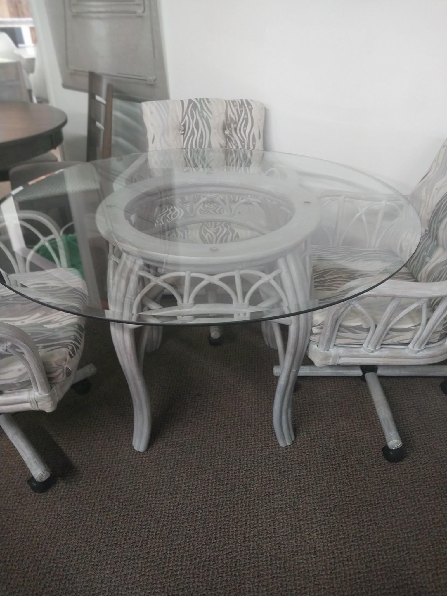 Alexander and Sheridan White washed Castered Rattan Set with adjustable height Chairs