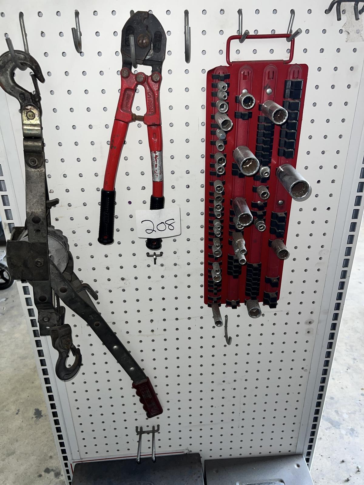 Asst Lot on Pegboard: Cable Cutter, Sockets, Come-A-Long, & End Mills, Gun Brushes