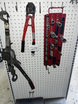 Asst Lot on Pegboard: Cable Cutter, Sockets, Come-A-Long, & End Mills, Gun Brushes