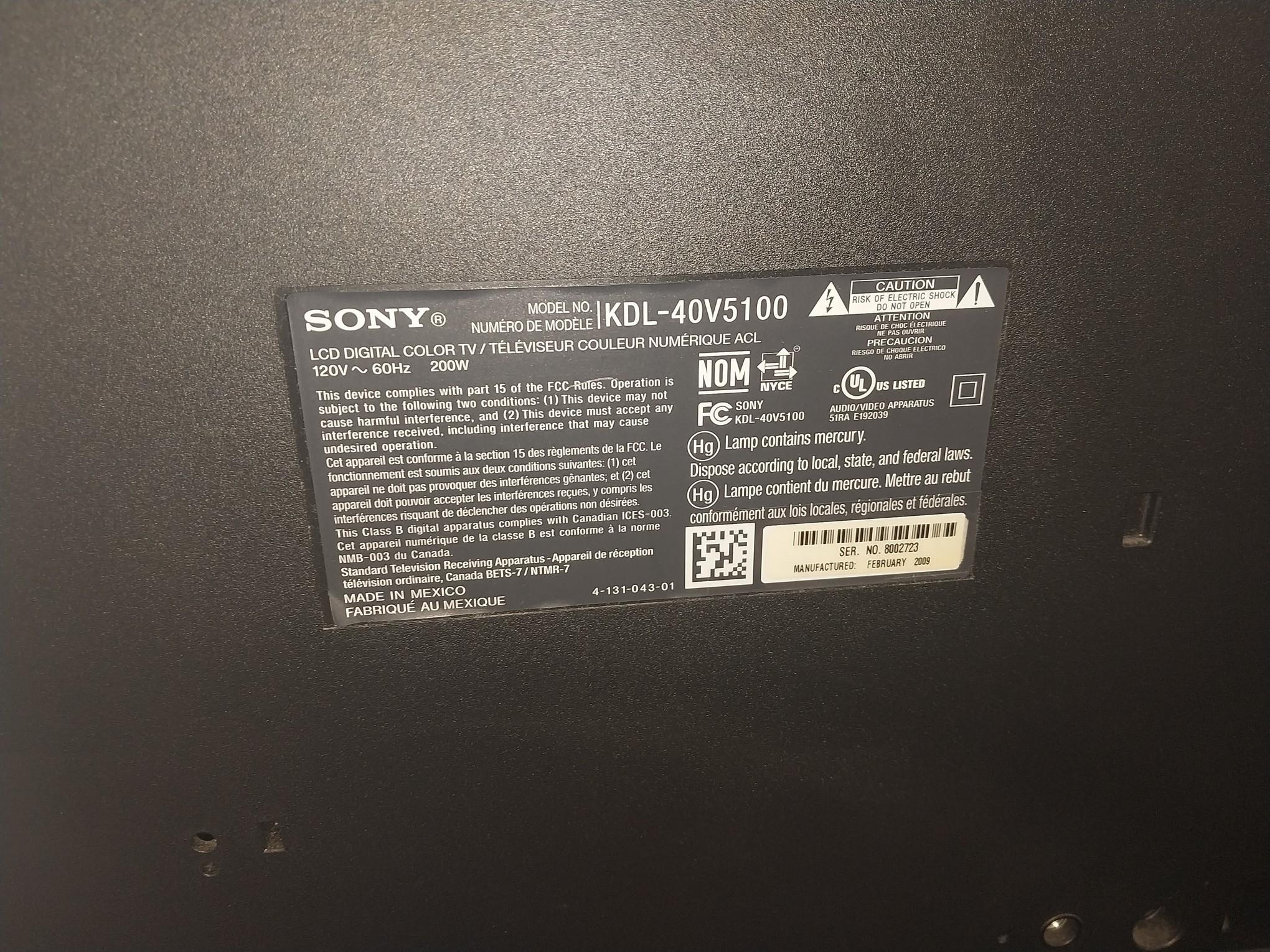 Sony Bravia 40 in Flat Screen -KDL-40v5100