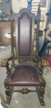 Vintage wooden Rocking chair with leather seat - back moves and small crack