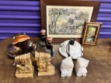 Lot, Miscellaneous Items, Laarge Ceramic Frog, Antique Print , (2)  Sets Onyx  Bookends