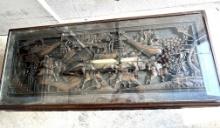 Heavy Carved Oriental Theme Coffee Table with Heavy Carved Warrior Figures, 18" X 42" X 21"