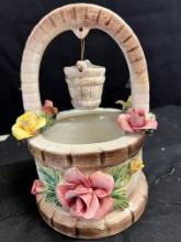 Capodimonte Porcelain Wishing Well with Bucket, Raised Porcelain Flowers, 10 " High