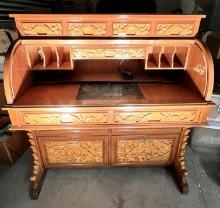 Antique Roll Top Desk, 48" High, X 26" X 48" Wide with Exquisite Carvings