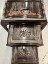 Nested Set of Antique Stack Tables with Thai Carved Scenes in Each of the 3 Tables