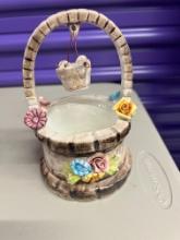 Capodimonte Porcelain Wishing Well with Bucket, Raised Porcelain Flowers, 7" High